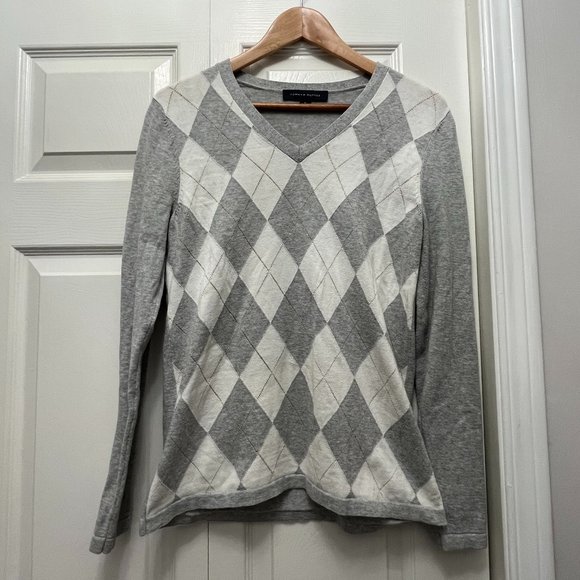 Tommy Hilfiger Argyle V-Neck Sweater (Grey, White and Gold) - Picture 1 of 3